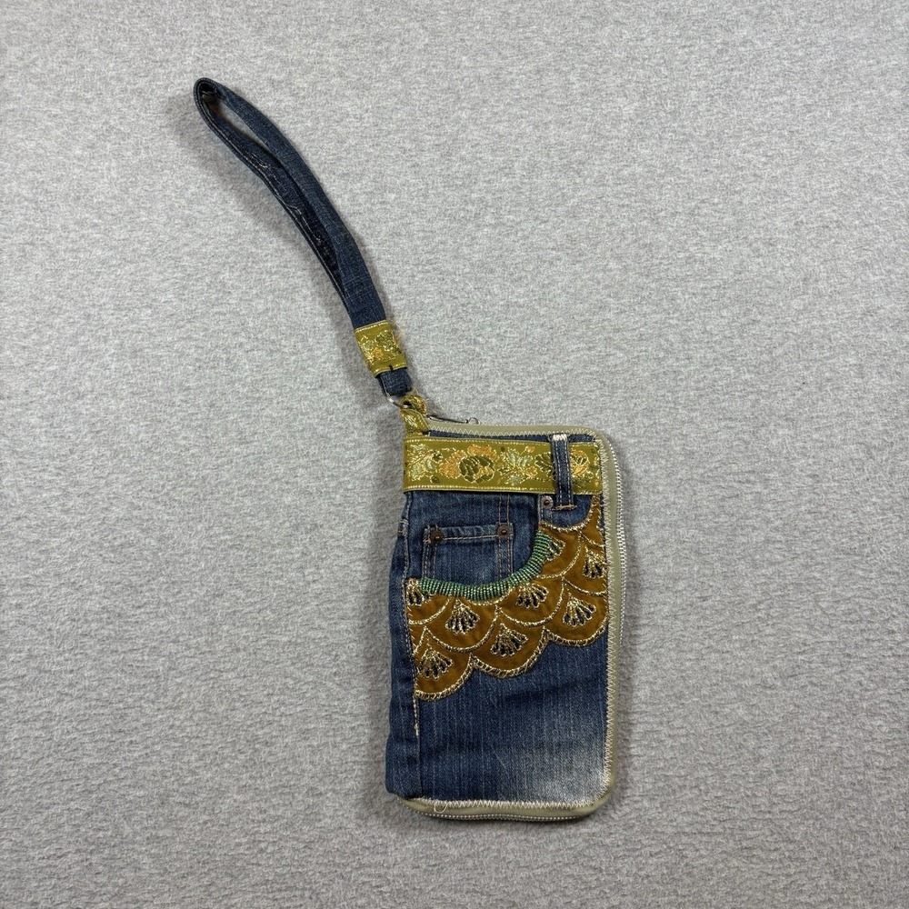 Vintage Upcycled Levis Denim Wristlet Wallet Zip Pouch Handmade Boho Floral
